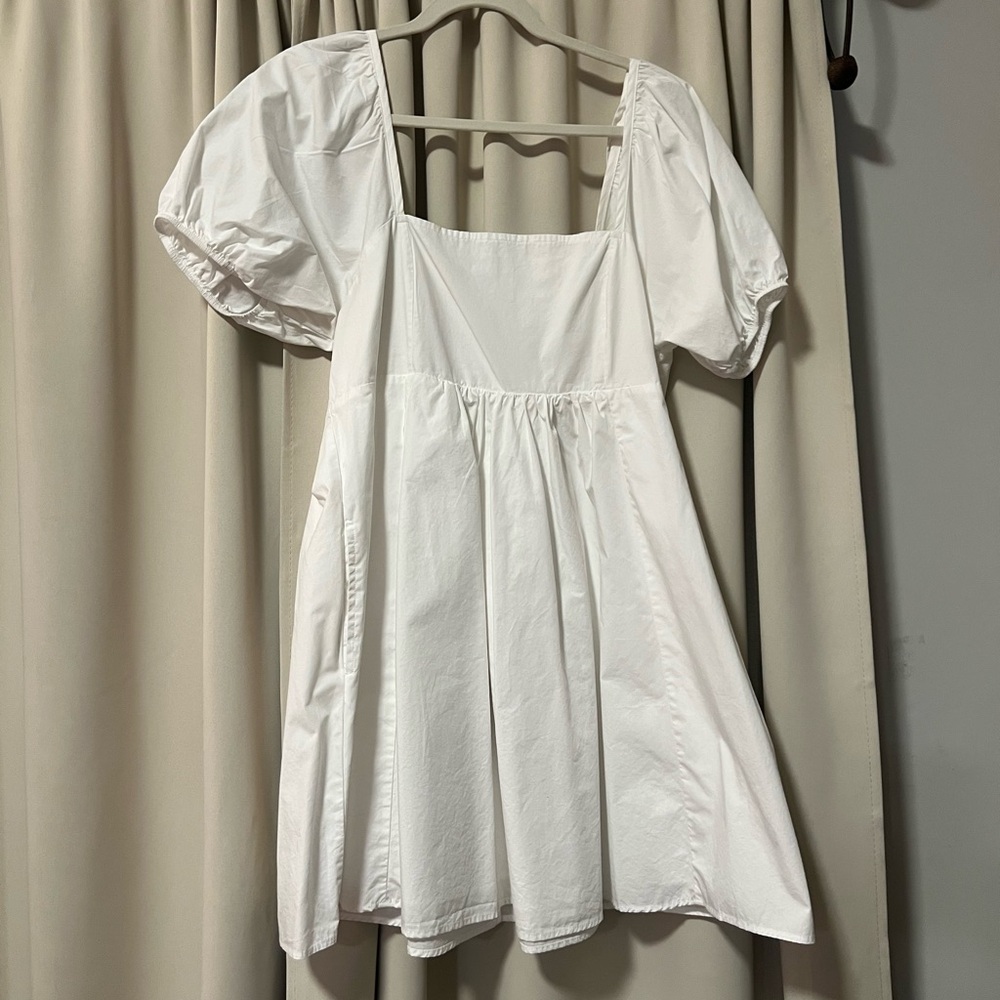 White Smocked Square-Neck Puff Sleeve Dress